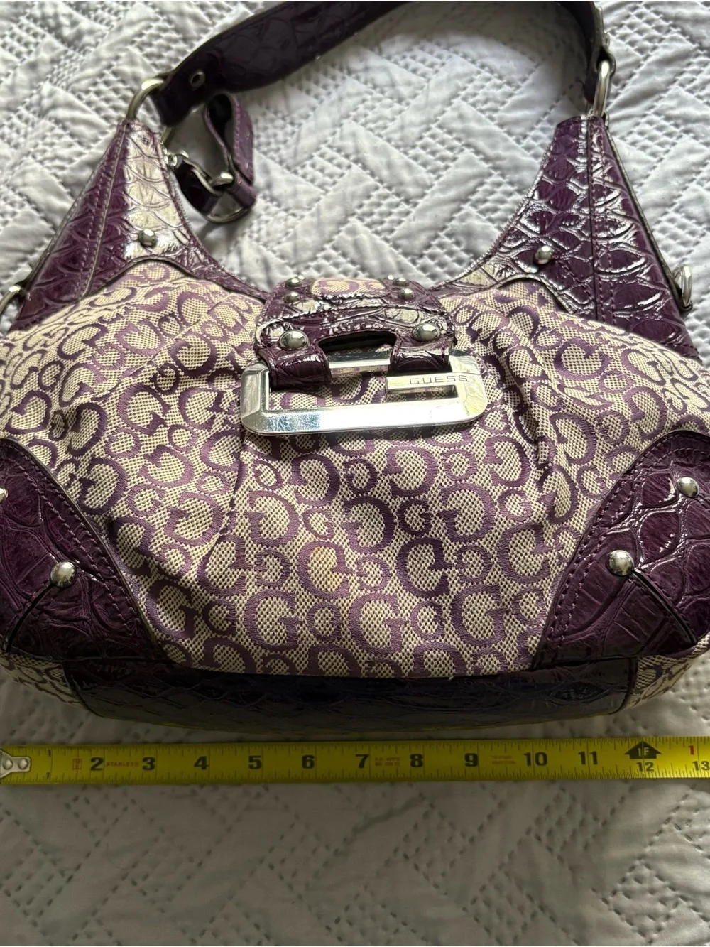 GUESS Vintage Y2K Hobo Baguette Monogram Purple Shoulder Bag Rare 2000s USA Cute